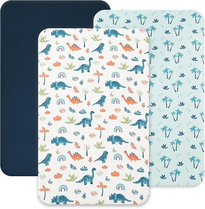 david's kids 3 Pack Mini Crib Sheets, Soft Breathable Premium Pack N Play Sheets for Baby Boys Girls Neutral, Playard and Mini Crib Mattresses, Dinosaur Blue