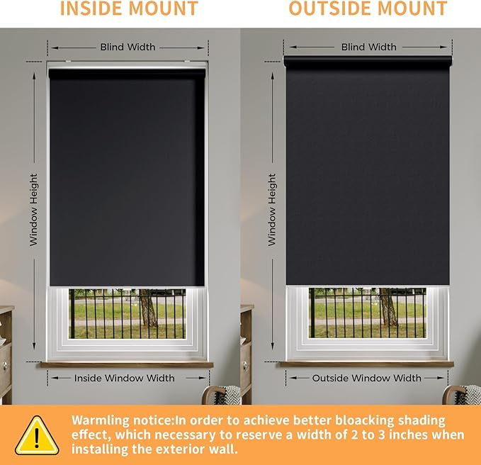 Cordless Roller Shades Blackout Blinds for Windows Room Darkening Rolled Up Shades with Spring System, UV Protection Window Shades Door Blinds for Home and Office (Black, 35" W x 72" H)
