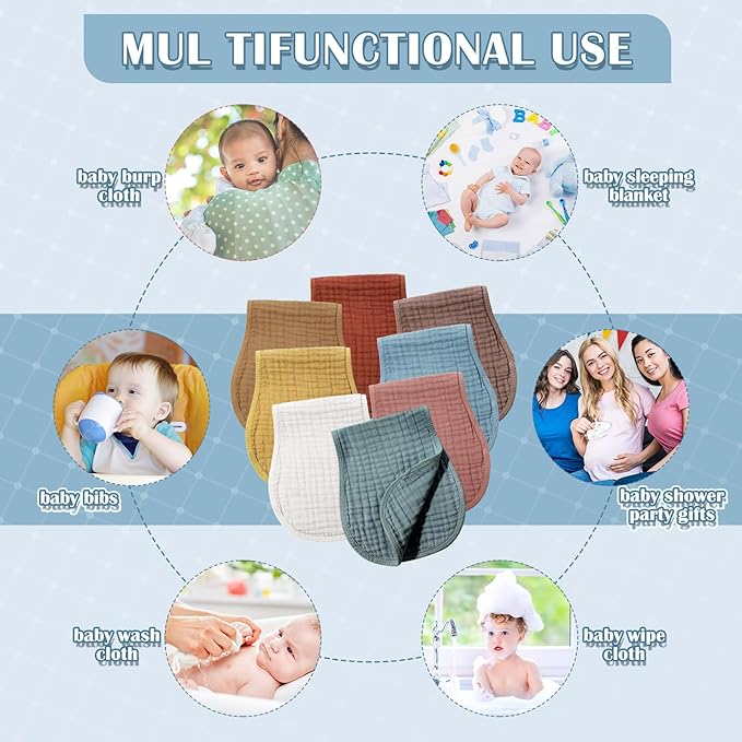 Frienda 8 Pack Muslin Burp Cloths for Baby Large 20 x 10 Inch Cotton Burp Rags for Spit up Drool Absorbent Soft Multicolor Wash Cloths Diapers for Newborn Girl Boy Essential Shower Gift(Retro Color)