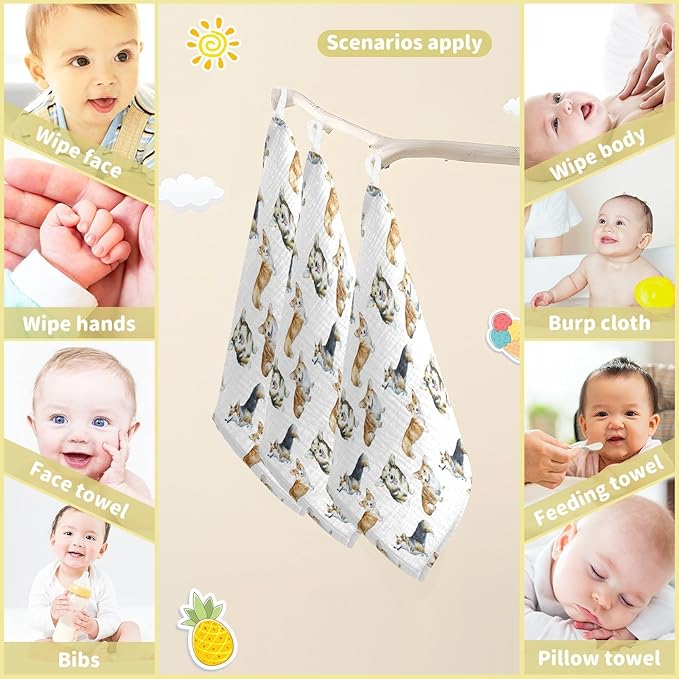 vvfelixl Baby Cotton Washcloths Realistic Corgi Infants Bath Towel for Unisex Face Towels for Newborn, Natural Baby Wipes Delicate Skin, 11.8 X 11.8 inch, one sizex5
