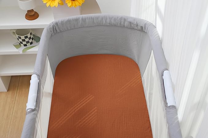 Onacosht Muslin Bassinet Sheets 35" X 20" Compatiable with AMKE 3 in 1 Bassinets, MiClassic, Uiuwoo, Foalom, YADAQE, Milliard and TCBunny Bassinet, 100% Cotton, 2 Pack, Yellow and Brick