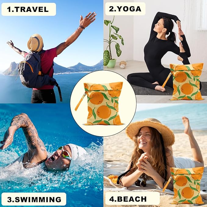 2Pcs Summer Fruits Wet Bags 12x10 Inch, Strawberry Orange Waterproof Travel Laundry Bags, Reusable Wet Dry Bag for Swimsuit Beach Diapers Dirty Yoga Gym Clothes, Travel Gifts for Women Friend