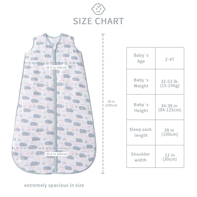 TADO MUSLIN Baby Sleep Sack 2-4 T 95% Rayon from Bamboo 5% Spandex Boys & Girls Wearable Blanket 1.0 TOG Toddler Sleeping Sack Warm 2- Way Zipper X-Large Rhino