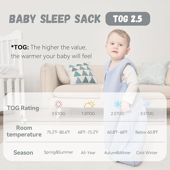 Yoofoss Baby Sleep Sack 12-18 Months TOG 2.5 Winter Baby Wearable Blanket, 100% Organic Cotton Toddler Sleeping Sack 2-Way Zipper Warm Quilted Sleep Sack