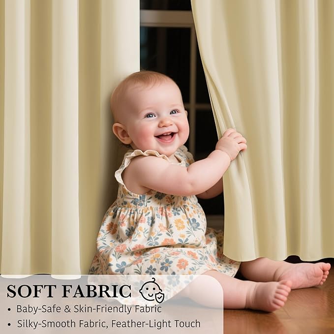 RYB HOME 100% Blackout Beige Curtains for Living Room, Heat Blocking Energy Efficient Boho Farmhouse Window Drapes for Bedroom Nursery, 52 inches Wide by 90 inches Long
