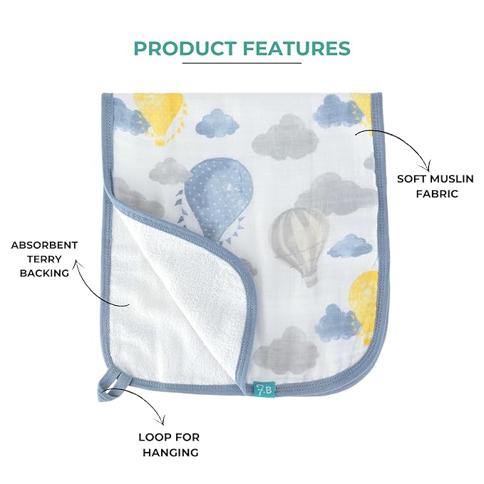 Featherhead™ 5-Pack Muslin Burp Cloths for Baby Boy Large 22" X 11" - Ultra Soft & Extra Absorbent Cotton Terry Backing (Blue Balloons)