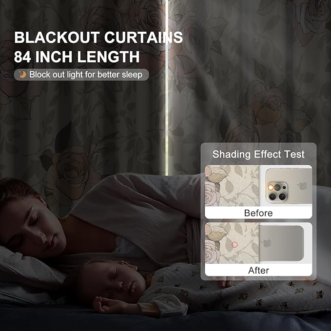 Floral Bedroom Living Room Blackout Window Curtains 84 Inch Long, Room Darkening Black Out Bedroom Curtains 2 Panel Sets, Grommet Nursery Girls Light Filtering Soundproof Insulated Curtains for Winter