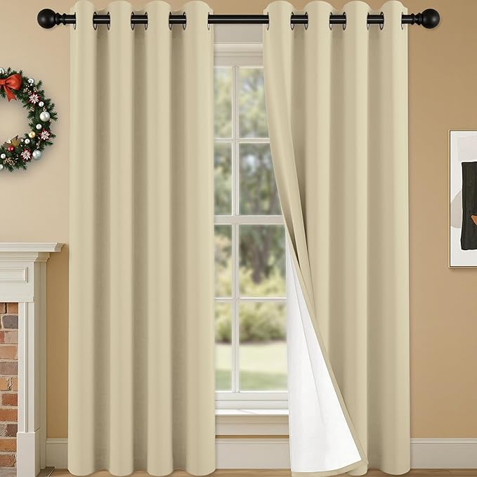 100% Blackout Curtains 108 Inch Length for Bedroom Living Room, Grommet Thermal Insulated Room Darkening Drapes, Light Blocking Window Treatment Decor, 2 Panels, 54x108, Beige