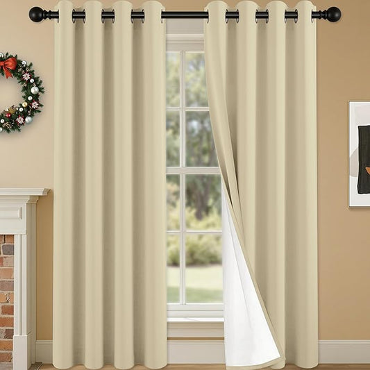 100% Blackout Curtains 108 Inch Length for Bedroom Living Room, Grommet Thermal Insulated Room Darkening Drapes, Light Blocking Window Treatment Decor, 2 Panels, 54x108, Beige