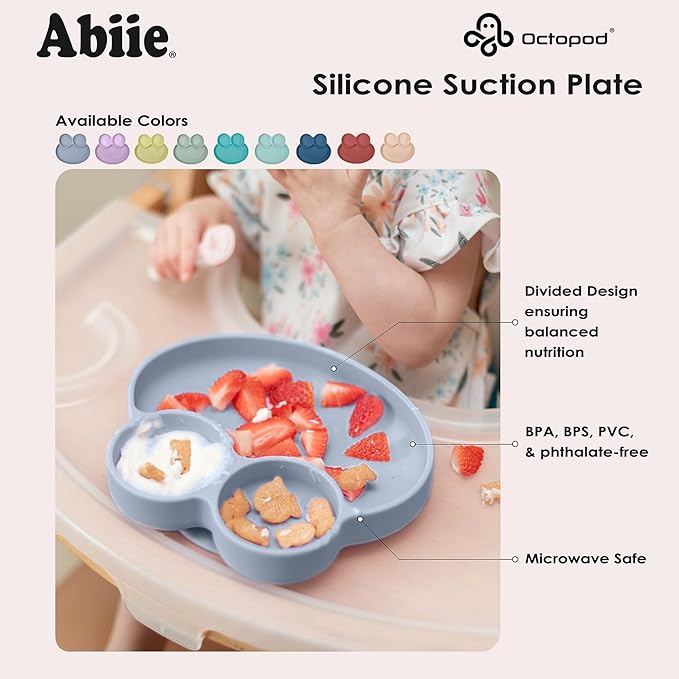 Abiie Octopod Frog Silicone Plates with Suction - Spill Proof, Easy to Clean - BPA-Free Bowl - Suction Plates for Baby and Toddler - Training & Feeding Divided Grip Dish (Turquoise)
