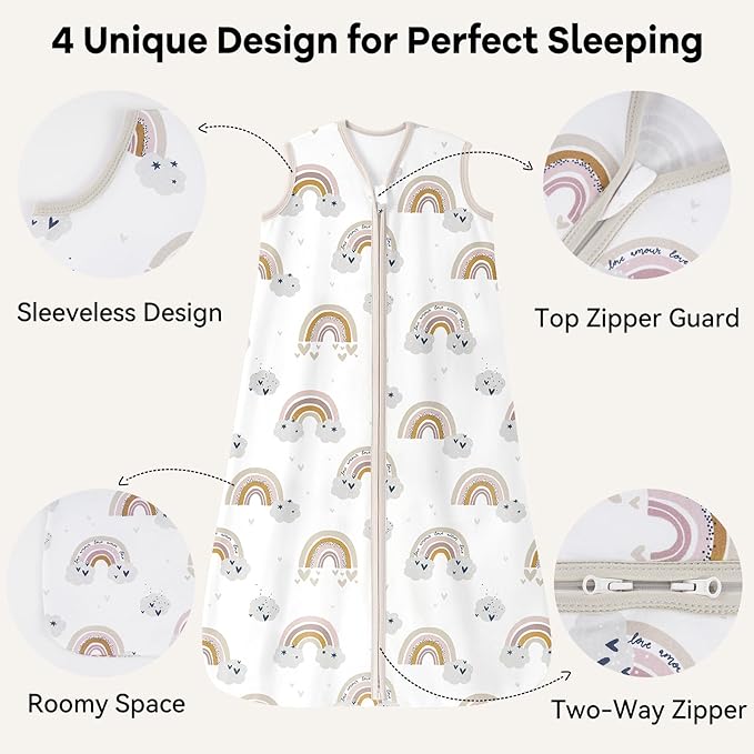 Unnivoll Baby Sleep Sack 12-18 Months 0.5 Tog Wearable Blanket Baby, 3 Pack 100% Cotton Lightweight Sleeping Sack with 2-Way Zipper for Infant Toddler Apricot White Sun Clouds