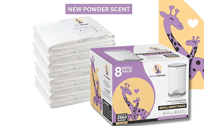 BabiesRefresh Refills Compatible with DEKOR CLASSIC Diaper Pail Refills | 8 Pack | Diaper Pail Odor Eliminator| Fresh Powder Scent | Each Diaper Bag Refill Holds up to 3960 Diapers | Diaper bin refill