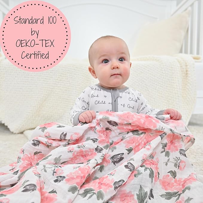 LollyBanks Muslin Swaddle Blankets for Girls, Large 47 x 47 Inches Soft Swaddles for Newborns, 100% Cotton Breathable and Lightweight Baby Blanket, Baby Essentials, Registry (Pink Peony Print)