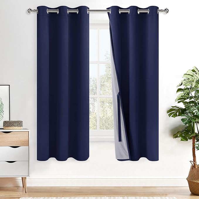XWZO 100% Blackout Curtain Panels - Thermal Insulated Black Liner Small Curtains, Noise Reducing and Heat Blocking Drapes for Hall and Studio Windows with Tiebacks, Navy Blue, W38 x L63, Set of 2