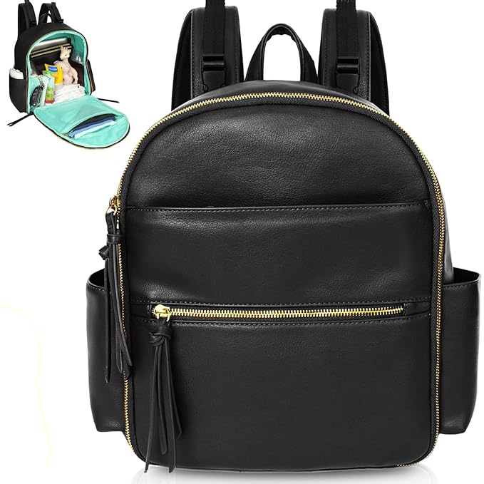 MOMINSIDE Small Diaper Bag Backpack, Mini Diaper Bag with 11 Pockets, Leather diaper backpack, Baby Diaper Bag for Baby Girls, 2 Insulated Pockets, Stroller Straps (Black)