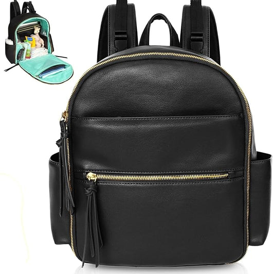 MOMINSIDE Small Diaper Bag Backpack, Mini Diaper Bag with 11 Pockets, Leather diaper backpack, Baby Diaper Bag for Baby Girls, 2 Insulated Pockets, Stroller Straps (Black)