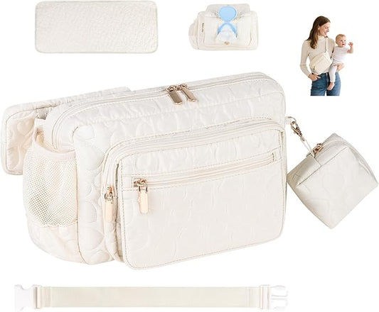 Rexmore Puffer Quilted Fanny Pack Diaper Bag for Mom - Women‘s Compact Crossbody Purse with Portable Changing Pad & Wipes Pouch, Travel & Quick Errand Baby Essentials Organizer (Off White)