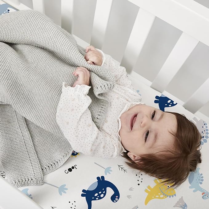 Little Grape Land Waterproof Crib Sheets for Boys Girls, Soft and Breathable Waterproof Baby Crib Sheets 52"x28", Crib Mattress Sheets Neutral for Standard Crib and Toddler Bed Mattress (Dinosaur)