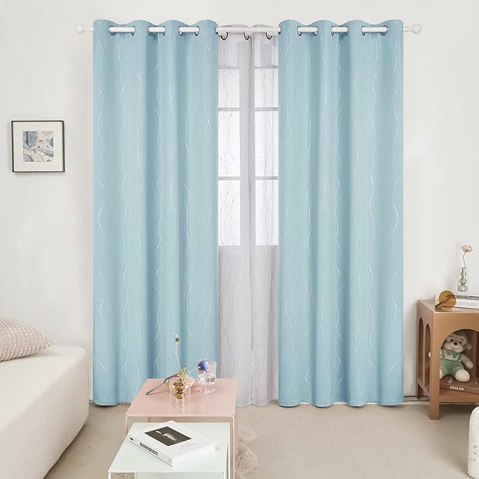 Deconovo Blackout Curtains, Thermal Insulated Soundproof Grommet Drapes, Wave Dot Foil Print, 52 x 84 Inch, Set of 2, Machine Washable Window Panel for Bedroom Living Room Nursery Kitchen, Light Blue