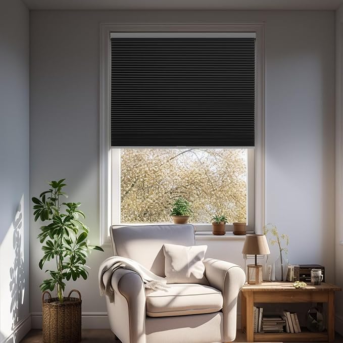 Changshade Blackout Blinds, Cordless Cellular Shades, Honeycomb Blackout Shades, Room Darkening Blinds, Pull Down Window Shades, Easy to Install Honeycomb Window Blinds, 40" W x 72" H, Black