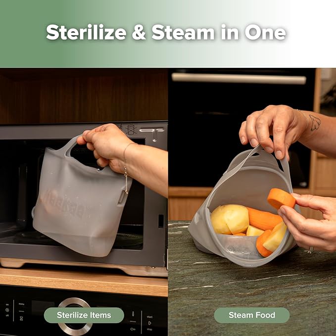 Haakaa On-The-Go Silicone Microwave Steam Sterilizer Bags for Travel, 40oz/1250ml Reusable Silicone Steaming Bags for Baby Bottles, Breast Pump, Accessories, Pacifiers, Teethers, Grey/2PCS