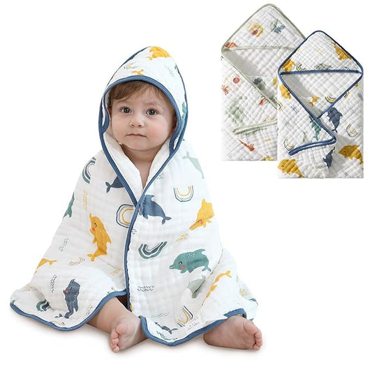 Muslin Hooded Baby Towels 2 Pack, Ultra Soft & Absorbent Baby Bath Towels, Bath & Beach Essentials, Shower Gifts for Newborns, Babies, Infant, Toddler - 32x32 Inch (Dolphin & Dinosaur)