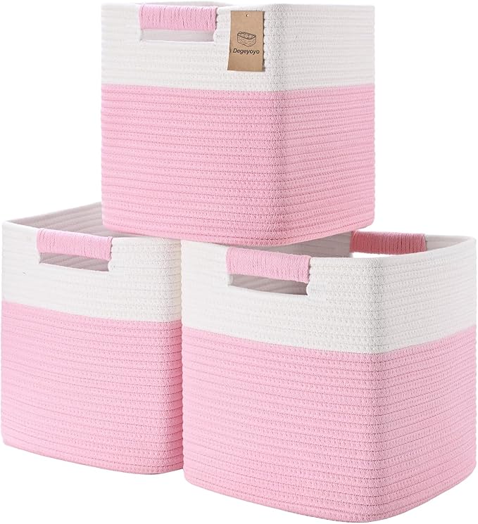13 Inch Storage Cubes, 3 Pack Cube Storage Bins for Organizing, Cotton Rope Woven Baskets for Shelves, Bathroom, Kids Room, Closets, Baby Nursery