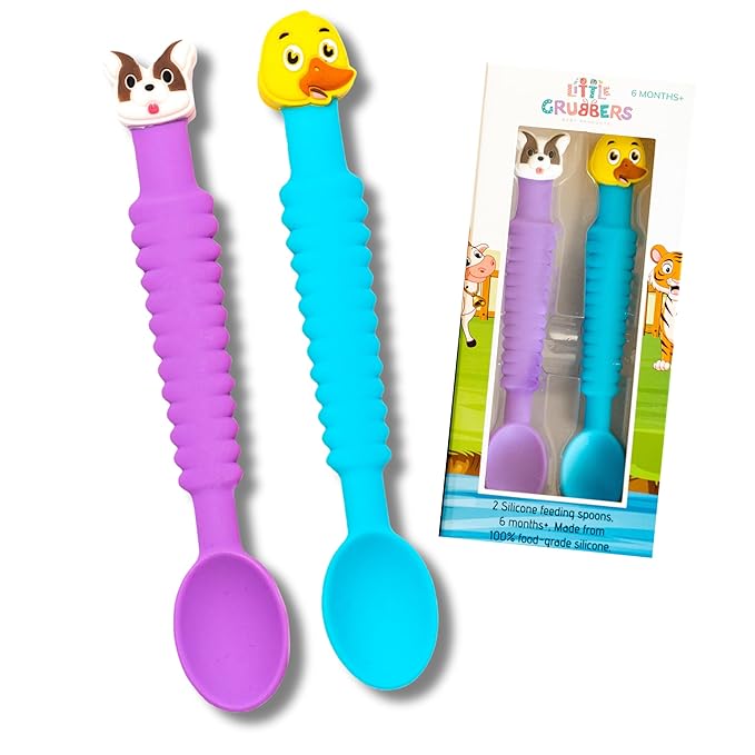 Little Grubbers 3-in-1 Silicone Baby Spoon Self Feeding 6+ Months - Pediatric OT Designed Teether Spoon, BPA Free Toddler Utensils, Mess-Free, Fun for Baby Led Weaning Supplies, Dog & Duck