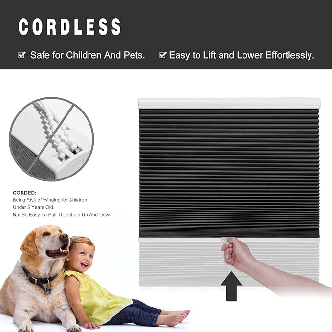 Changshade Cordless Blackout Cellular Shades for Indoor Windows Doors, Black Out Room Darkening HoneyComb Blinds Thermal Insulated 1.5 Inch Cell for Home, Bedroom, Bathroom, Nursey, 40"W×64"H, Black