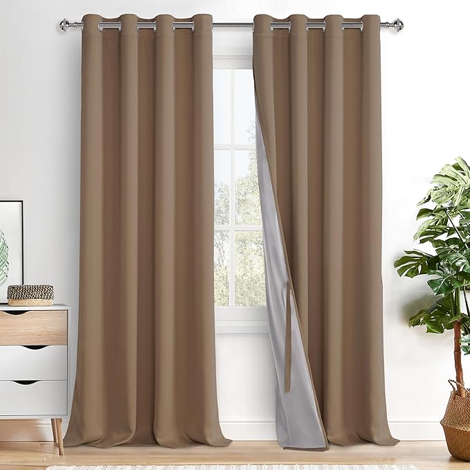 XWZO Full Shading Blackout Curtains with Tiebacks- Heat and Light Blocking Ring Top Window Drapes with Black Liner Backing for Bedroom/Kid's Room, Cappuccino, W52 x L95, Set of 2 Panels