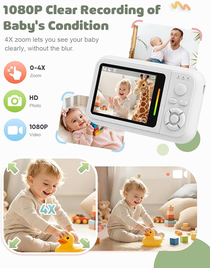 Baby Monitor No WiFi with Clip Mount, 2.8” Wireless Baby Monitor with Camera and Audio, 1080P Video, Night Vision, VOX, Temperature Sensor, 2-Way Audio, Lullabies