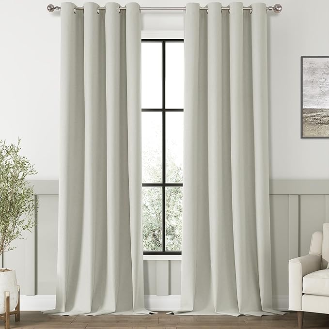 ChrisDowa 100% Blackout Greyish Beige Solid Curtains 108 Inches Long 2 Panels for Bedroom Living Room,Farmhouse Room Darkening Thermal Insulated Soundproof Grommet Top Window Treatment Drapes,52x108