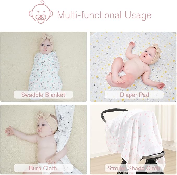 Little Grape Land Muslin Swaddle Blankets 47''x47'' 3 Pack, 100% Cotton Large Size Baby Swaddles for Newborn, Soft Breathable Baby Blankets for Newborns, Daliah