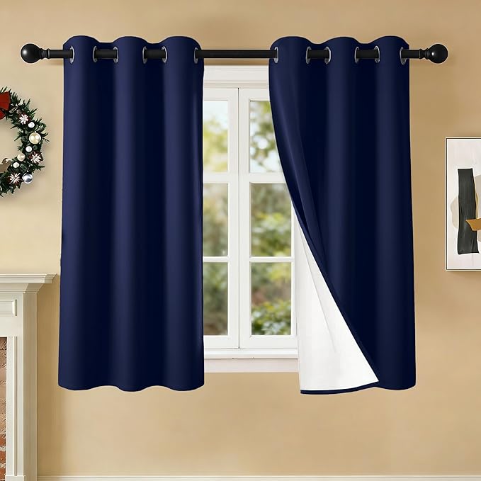 100% Blackout Curtains 54 Inch Length for Bedroom Living Room, Grommet Thermal Insulated Room Darkening Drapes, Light Blocking Window Treatment Decor, 2 Panels, 37x54, Navy Blue