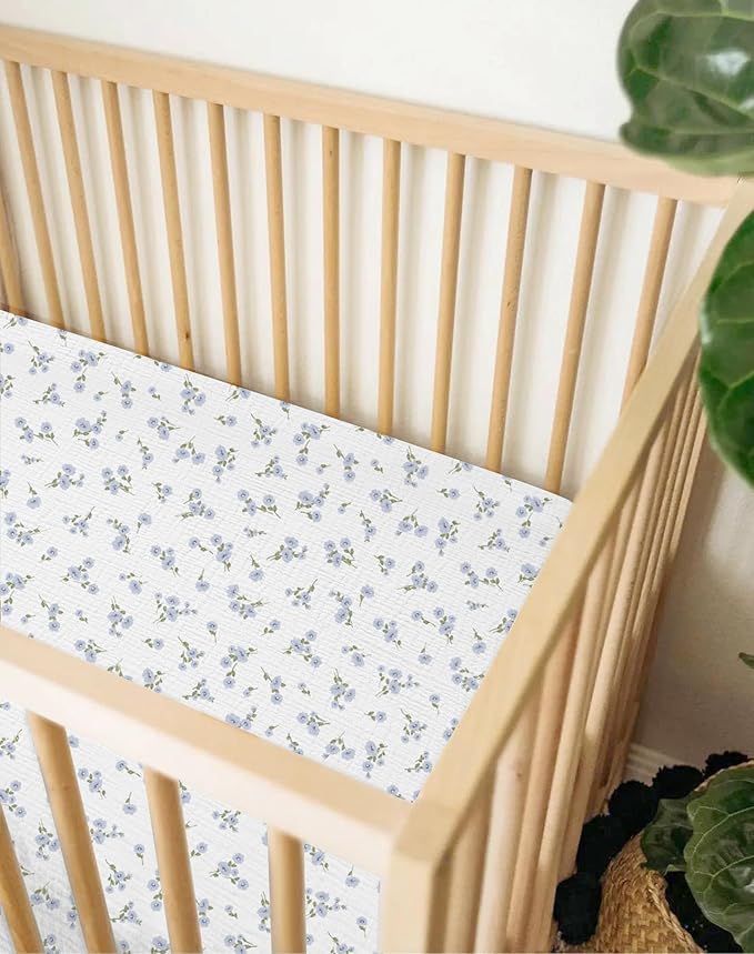 Muslin Bedside Bassinet Sheets 2 Pack, 33x20 Fitted Ultra Soft & Breathable Bedside Sleeper Sheets, Ideal for Baby Girl and Boy, Perfect for Newborns (Bluebell Bloom & Light Blue)