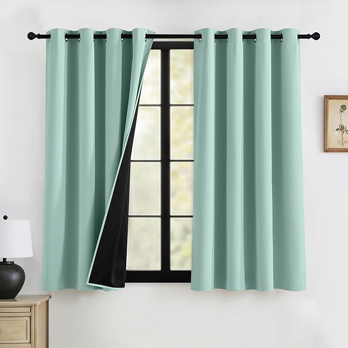RYB HOME 100% Blackout Curtains 63 inches Length, Thermal Insulated Total Room Darkening Noise Reducing Curtains for Bedroom Dorm Sleep, 52 inches Wide by 63 inches Long, Auqa