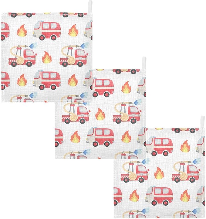 vvfelixl Baby Muslin Washcloths, Fire Department Funny Cars Baby Burp Cloths, Cotton Baby Face Towel for Newborn Infants Boys Girls Soft and Absorbent 11.8 X 11.8 in, 3 Pack
