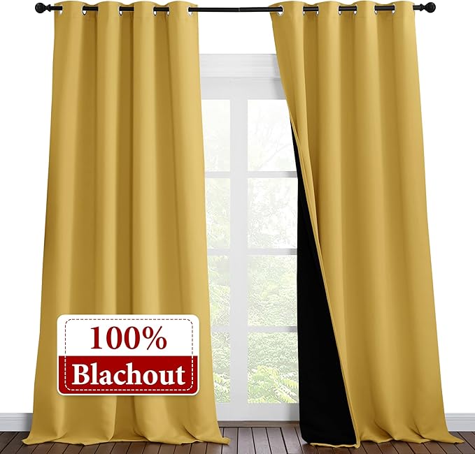 NICETOWN 100% Blackout Blinds, Laundry Room Decor Window Treatment Curtains for Large Patio Sliding Door, Thermal Insulated Bright Yellow Curtains for Bedroom, Set of 2, 55 inches x 102 inches