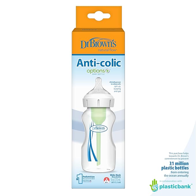 Dr. Brown’s Natural Flow Anti-Colic Options+Wide-Neck Baby Bottle, 9 oz/270 mL, Level 1 Nipple, 1-Pack, 0m+