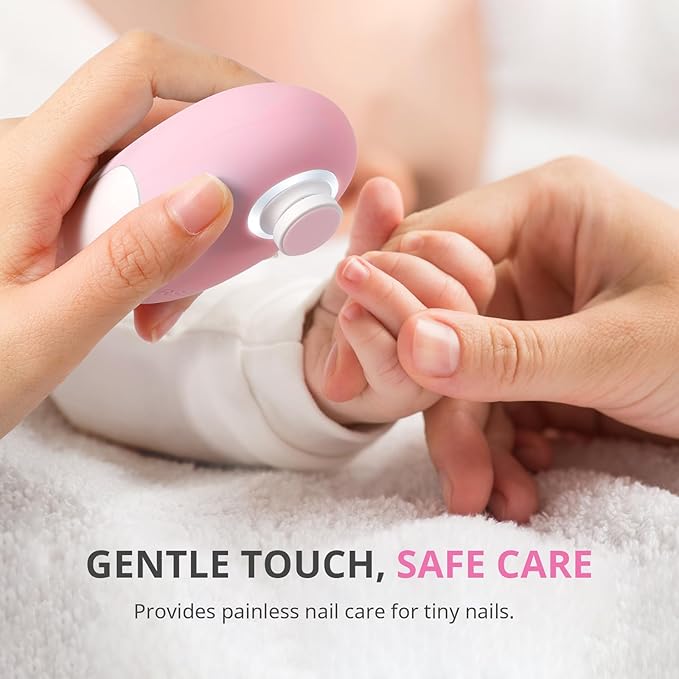 AIRSEE Premium Newborn Gift, Electric Baby Nail File, Cordless Safe Infant Nail Trimmer with 6 Replacement Pads, Magnetic Rechargeable Base, 360° LED Light, Baby Grooming Kit Gift (Candy Pink)