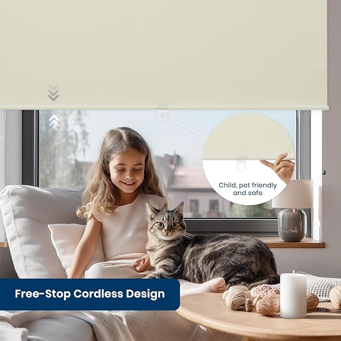 100% Blackout Roller Shades Cordless Blinds for Indoor Windows,Free-Stop Window Shades Pull Down,Thermal Insulated Fabric UV Protection,Blackout Window Guard Blinds for Home,Office,Ivory,35" W x 72" H