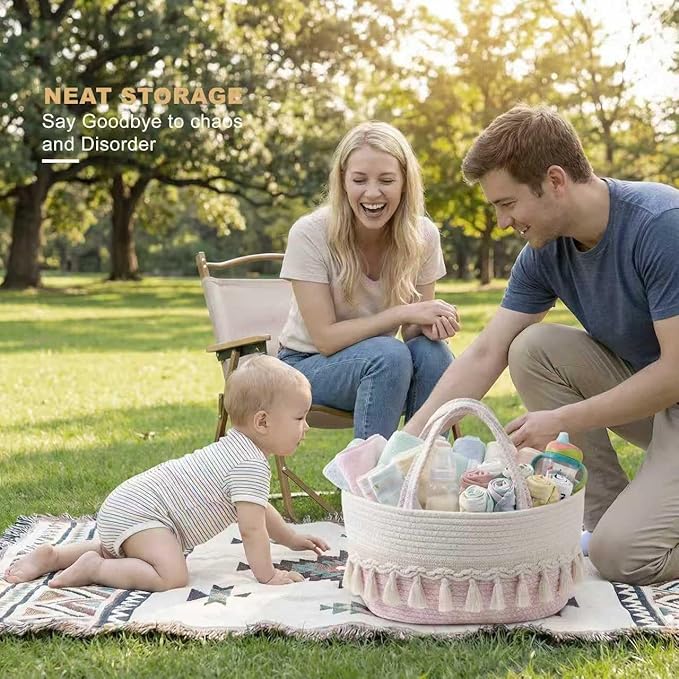 Diaper Caddy Organizer, Stylish Nursery Storage Basket, Baby Shower Basket with Tassel Decorative Appearance, Portable Storage Basket Suitable for Family and Car Travel (pinkish white)