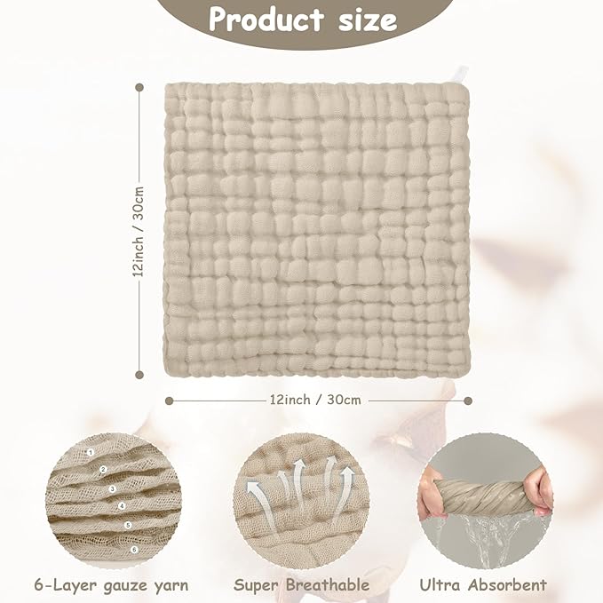 Looxii Muslin Baby Washcloths 6 Pack, 100% Cotton Baby Wash Cloths for Baby Face Body, 12x12 inches Large Soft Absorbent Face Towels for Newborns
