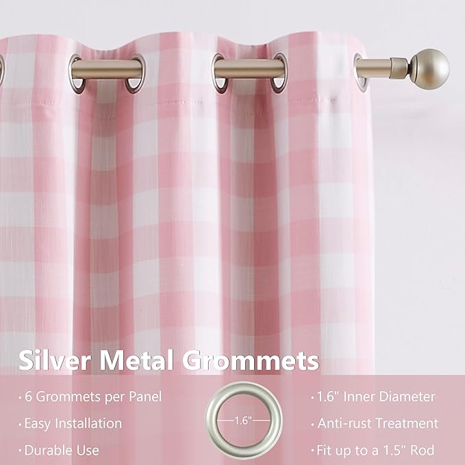 Amzdecor Buffalo Check Plaid Full Blackout Curtains 95 Inches Long for Bedroom Girls Room Thermal Insulated Total Room Darkening Grommet Drapes,Farmhouse Window Treatment,2 Panels,40"x95",Pink&White