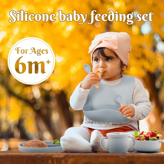 CHCC Silicone Baby Feeding Set 10 Pcs, Baby Led Weaning Supplies, Baby Feeding Supplies Set BPA Free, Baby Essentials for Newborn Gift Blue