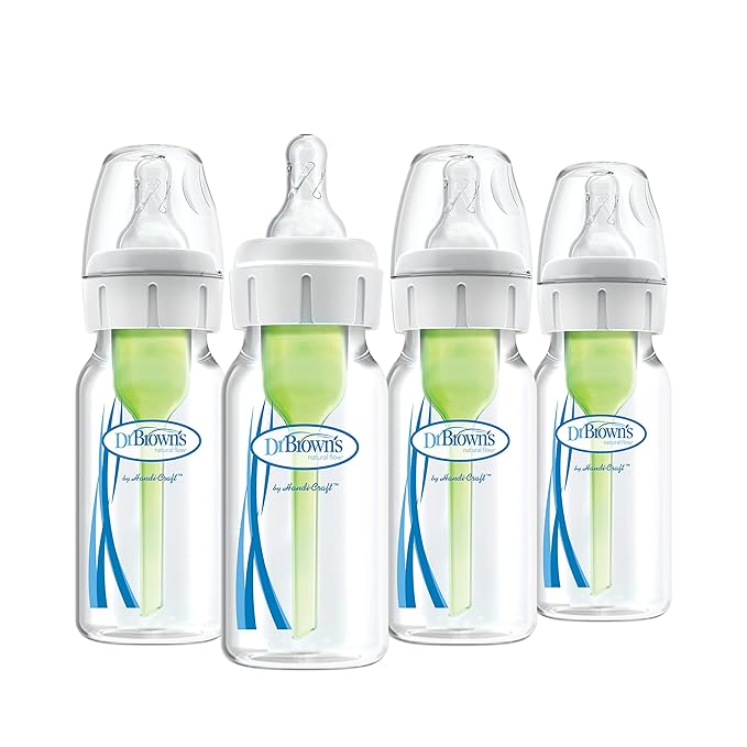 Dr. Brown's Natural Flow Anti-Colic Options+ Narrow Baby Bottles 4 oz (Pack of 4) with Slow Flow Nipple 0m+, Includes Travel Caps 3-Pack