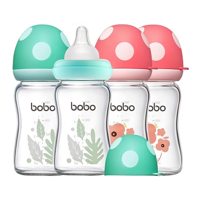 YOHKOH Natural Glass Baby Bottle with Level 1 Slow Flow Nipple, Newborn Anti-Colic Baby Bottles, Wide Neck Mushroom Baby Glass Bottle ((5.4oz (Pack of 4), Multicolour)