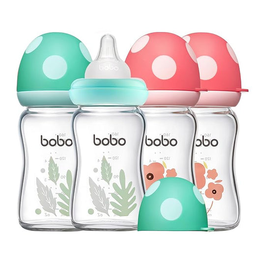 YOHKOH Natural Glass Baby Bottle with Level 1 Slow Flow Nipple, Newborn Anti-Colic Baby Bottles, Wide Neck Mushroom Baby Glass Bottle ((5.4oz (Pack of 4), Multicolour)