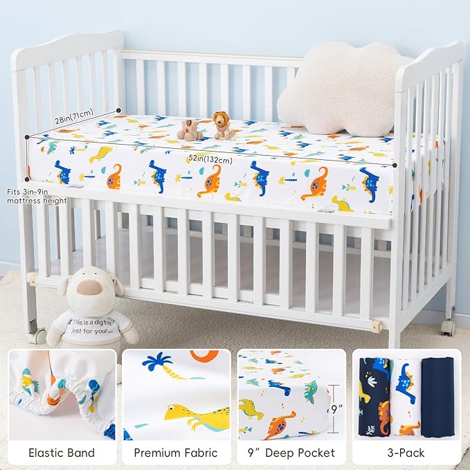 david's kids 3 Pack Fitted Crib Sheets, Ultra Soft Breathable Comfortable Baby Sheet Set for Boys Girls Neutral, 28x52 Inch Fits Standard Crib and Toddler Mattresses, Dinosaur