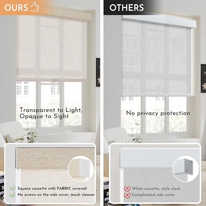 Persilux Light Filtering Roller Shades for Indoor Window Blinds,Cordless,Linen Fabric,Thermal Insulated Fabric UV Protection Shades for Home,Office,Bedroom,Door,Light Filtering-Cream,Custom Size